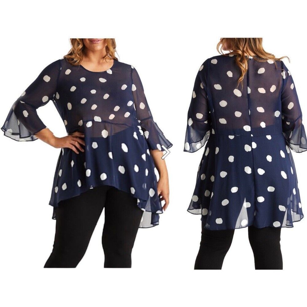 ESTELLE Begin Again Top in Navy and Milk High Low Hemline AUS 22 USA 4X NWT